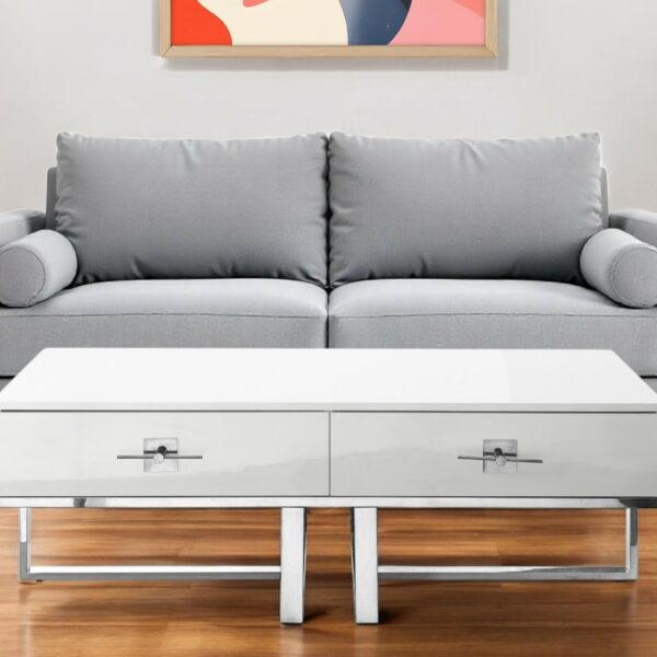 47" White And Silver Metallic Wood And Stainless Steel Coffee Table