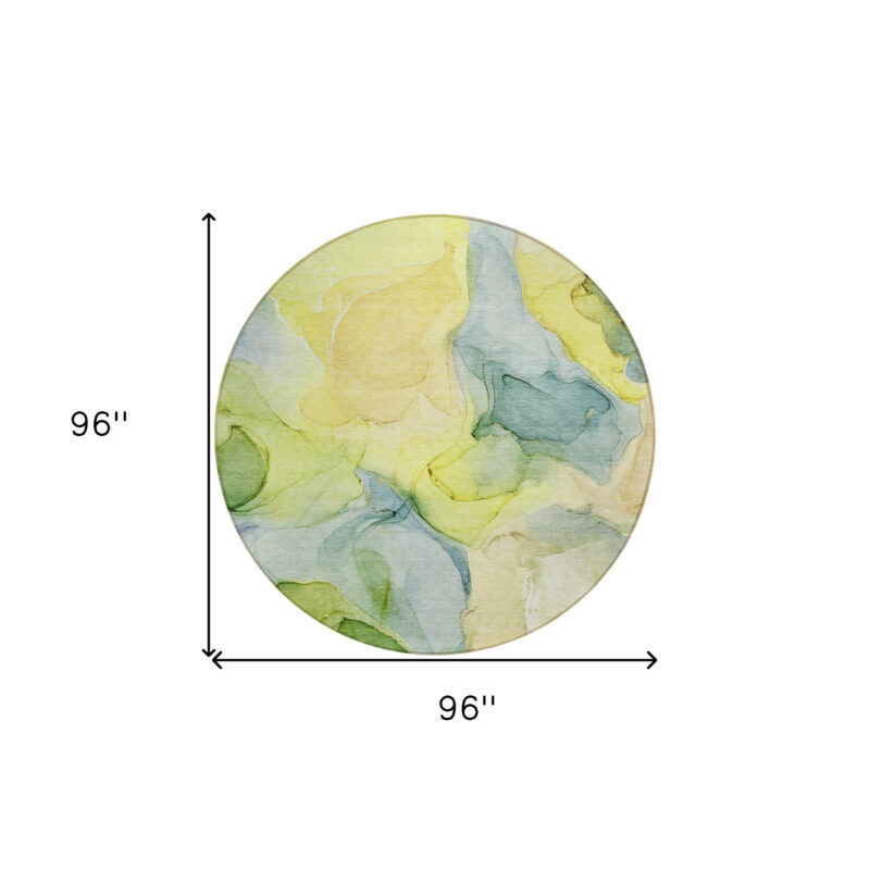8' Round Yellow Round Abstract Washable Non Skid Indoor Outdoor Area Rug - Image 3