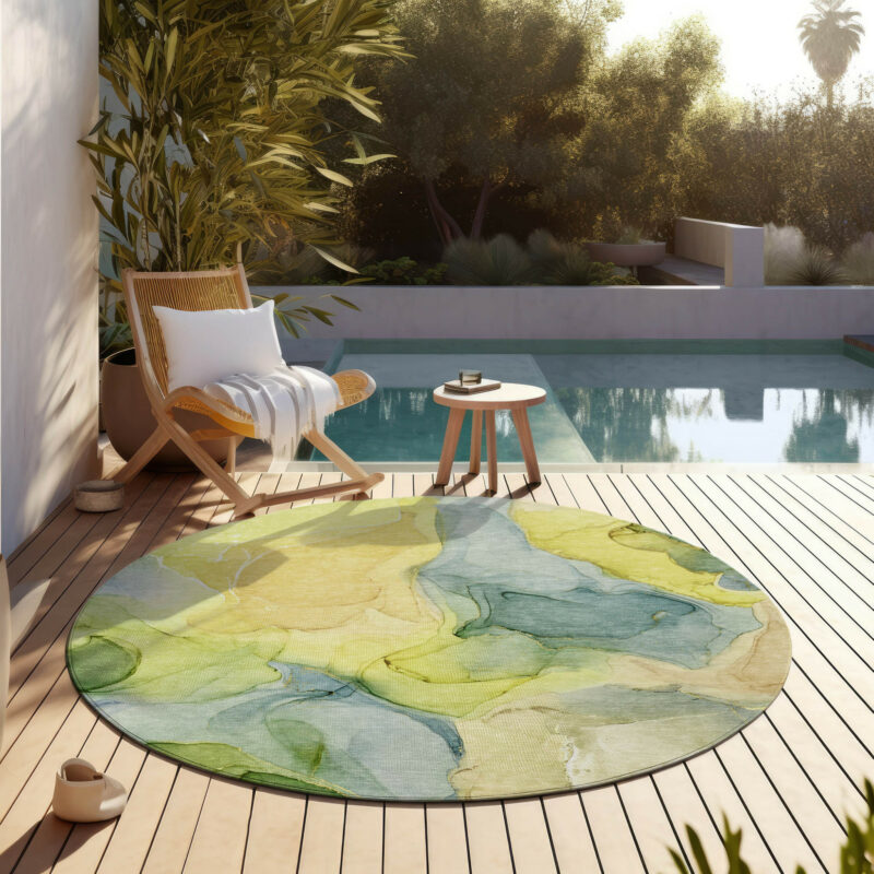 8' Round Yellow Round Abstract Washable Non Skid Indoor Outdoor Area Rug - Image 9