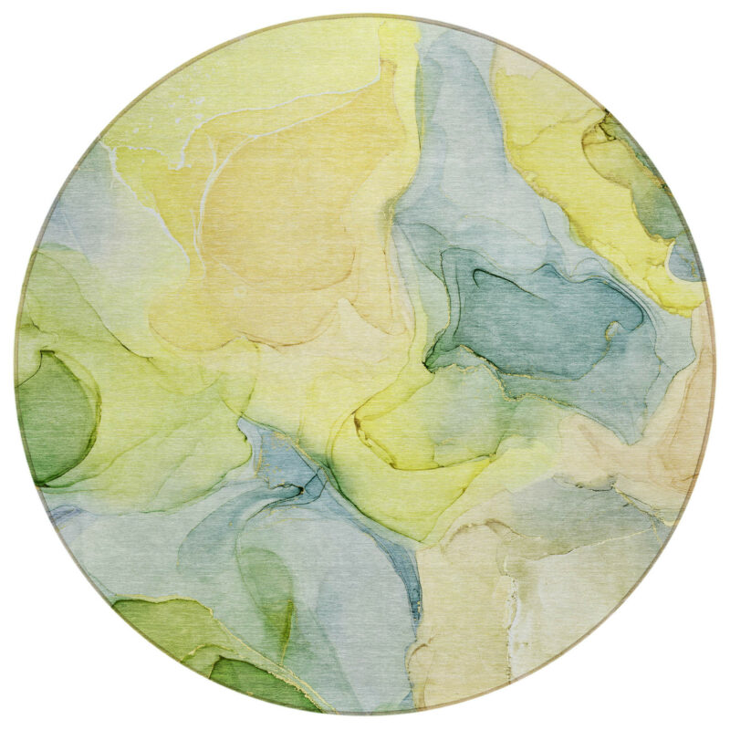 8' Round Yellow Round Abstract Washable Non Skid Indoor Outdoor Area Rug - Image 2