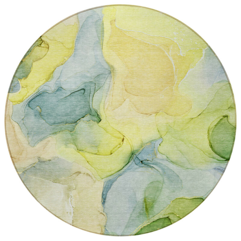 8' Round Yellow Round Abstract Washable Non Skid Indoor Outdoor Area Rug - Image 5