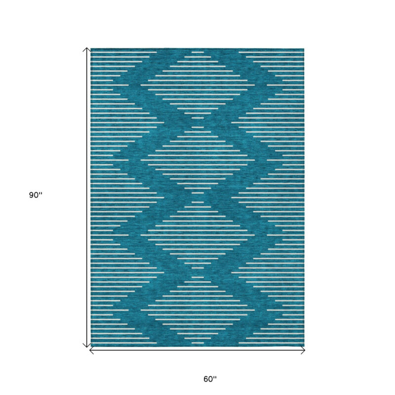 5' X 8' Teal Blue And Ivory Geometric Washable Indoor Outdoor Area Rug - Image 3