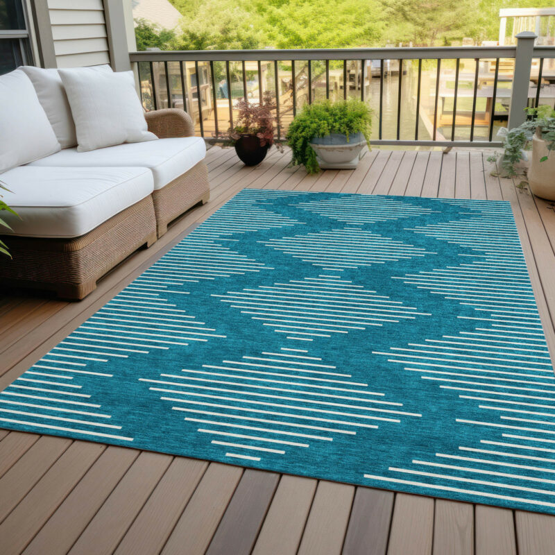 5' X 8' Teal Blue And Ivory Geometric Washable Indoor Outdoor Area Rug - Image 8