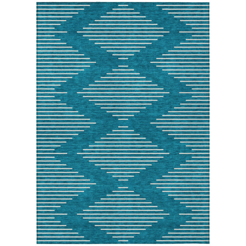 5' X 8' Teal Blue And Ivory Geometric Washable Indoor Outdoor Area Rug - Image 2