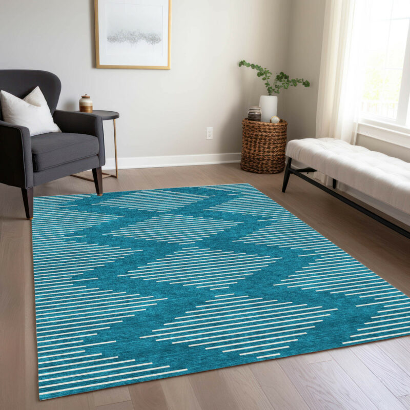 5' X 8' Teal Blue And Ivory Geometric Washable Indoor Outdoor Area Rug - Image 9