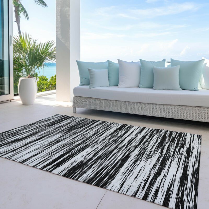 10' X 14' Black And Ivory Abstract Washable Indoor Outdoor Area Rug - Image 6