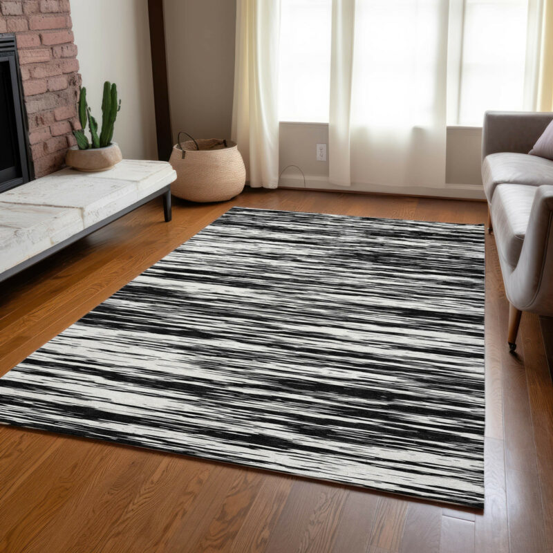 10' X 14' Black And Ivory Abstract Washable Indoor Outdoor Area Rug - Image 7